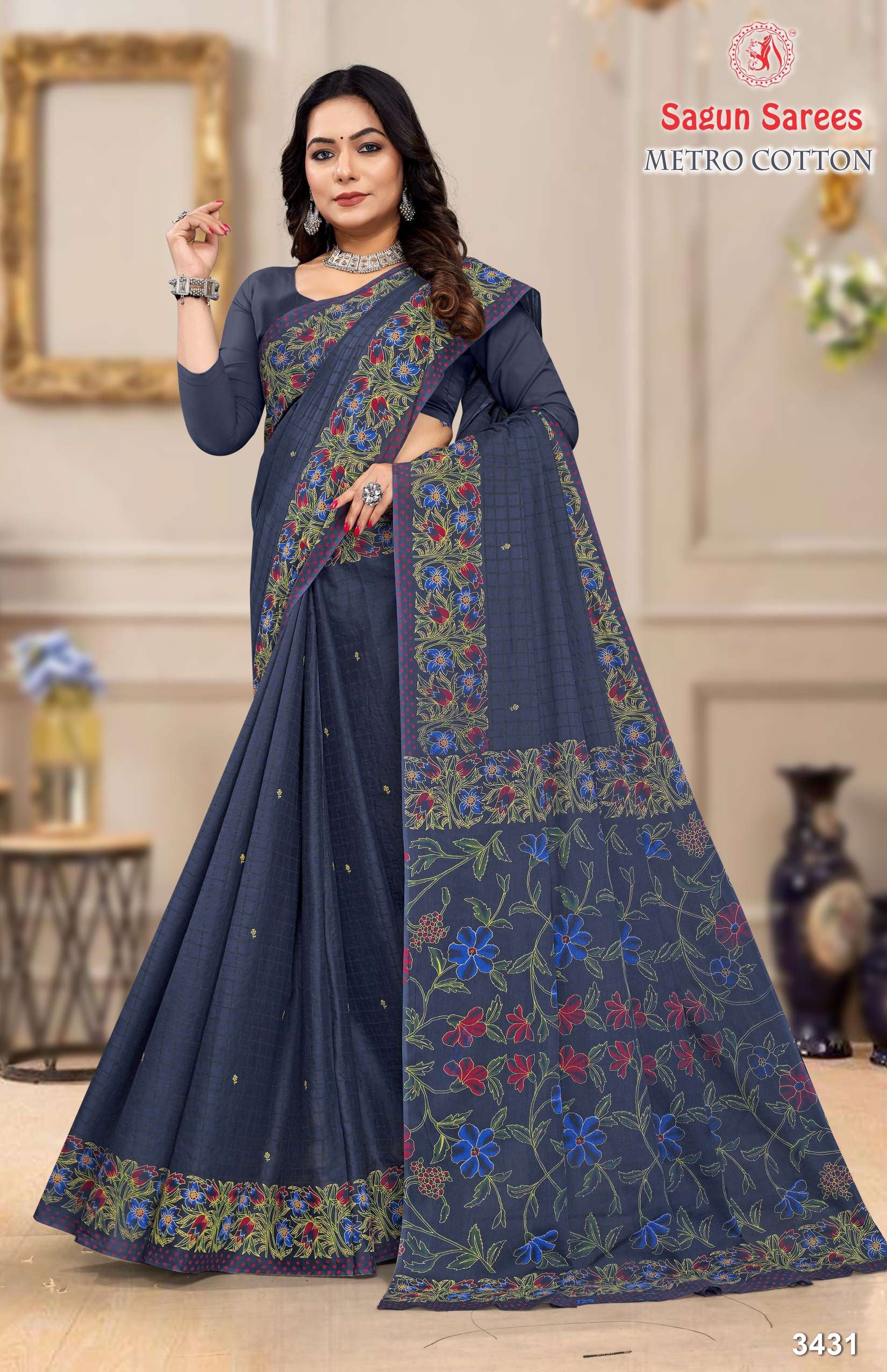METRO COTTON Soft Cotton Floral Printed Saree with Designer Border - 8 Pcs Set