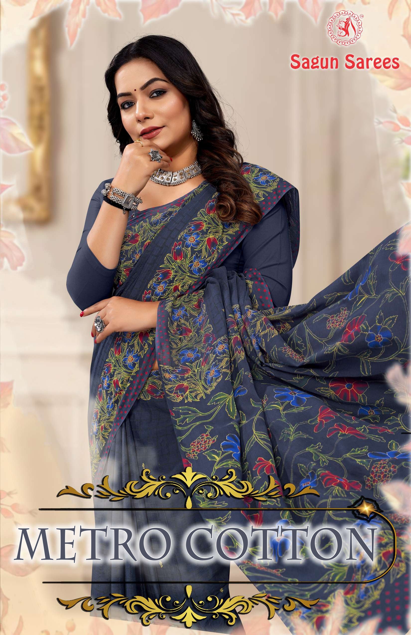 METRO COTTON Soft Cotton Floral Printed Saree with Designer Border - 8 Pcs Set
