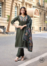 Mittoo Aarzoo Viscose Weaving Suit Set - Designer Thread & Handwork Kurti with Chanderi Dupatta