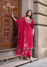 Mittoo Aarzoo Viscose Weaving Suit Set - Designer Thread & Handwork Kurti with Chanderi Dupatta