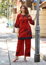 Mittoo Marine Life Kurti Pant Set - Viscose Weaving Embroidered Ethnic Wear for Women