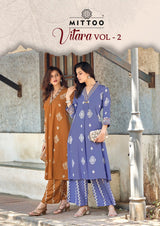 Mittoo Vitara Vol 2 Rayon Printed Kurti Pant Set with Hand Work