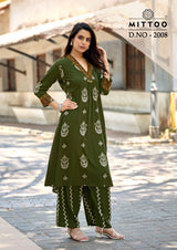 Mittoo Vitara Vol 2 Rayon Printed Kurti Pant Set with Hand Work