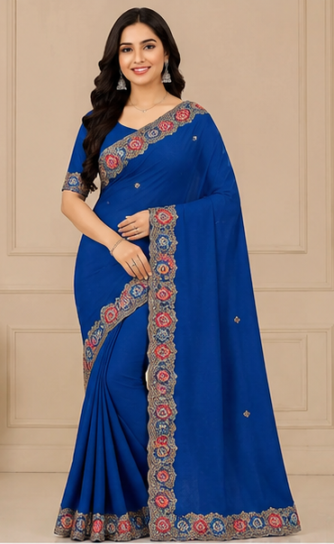 Fancy Satin Saree Set with Designer Embroidered Border (5 Colors) Party Wear Elegant Collection - M.R. Saree Emporium