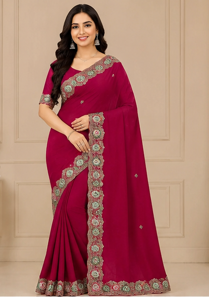 Fancy Satin Saree Set with Designer Embroidered Border (5 Colors) Party Wear Elegant Collection - M.R. Saree Emporium