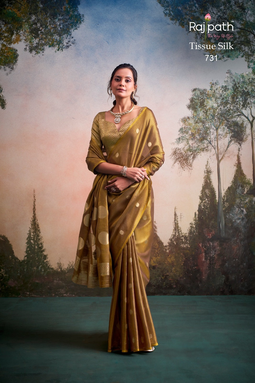 RajPath Fabrics Anvika Tissue Silk Saree with Designer Blouse - Party & Festive Wear