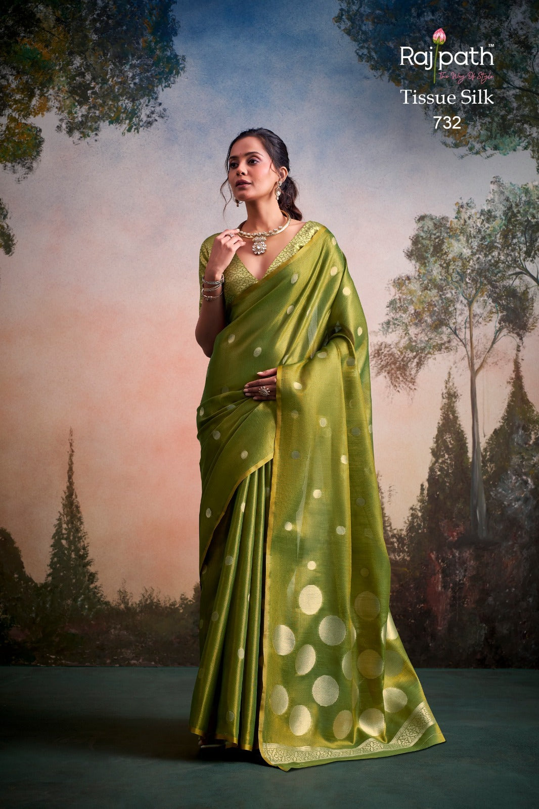 RajPath Fabrics Anvika Tissue Silk Saree with Designer Blouse - Party & Festive Wear