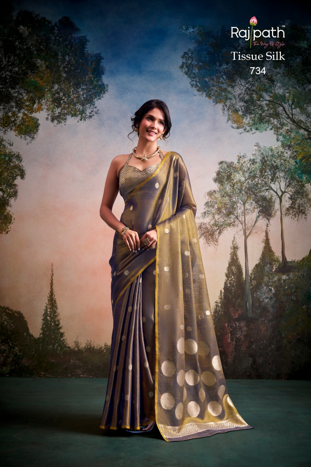RajPath Fabrics Anvika Tissue Silk Saree with Designer Blouse - Party & Festive Wear