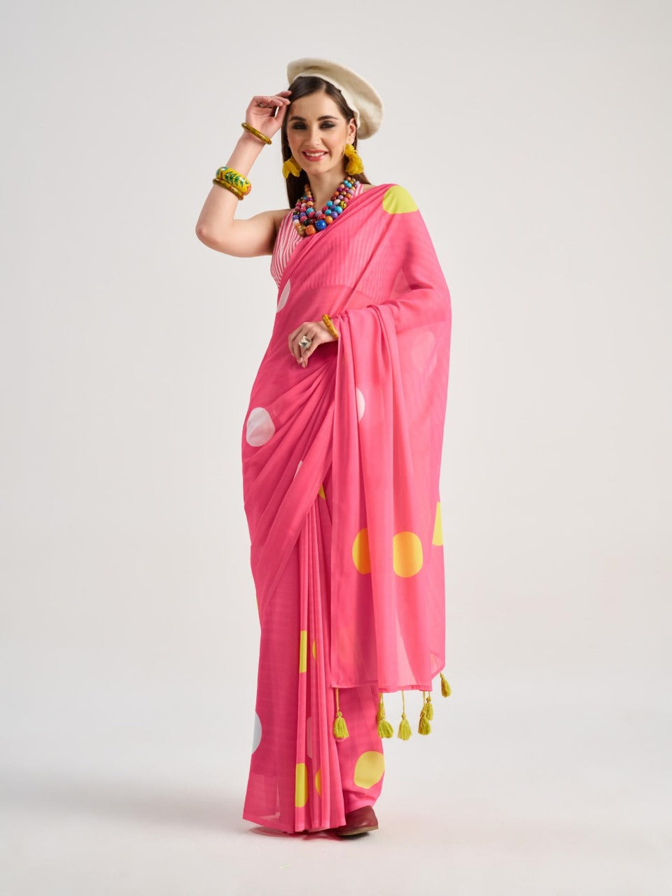 Mono.Poley Polka Pops Archie Georgette Saree - Digital Print with Fancy Latkans Set 9 Pcs Set