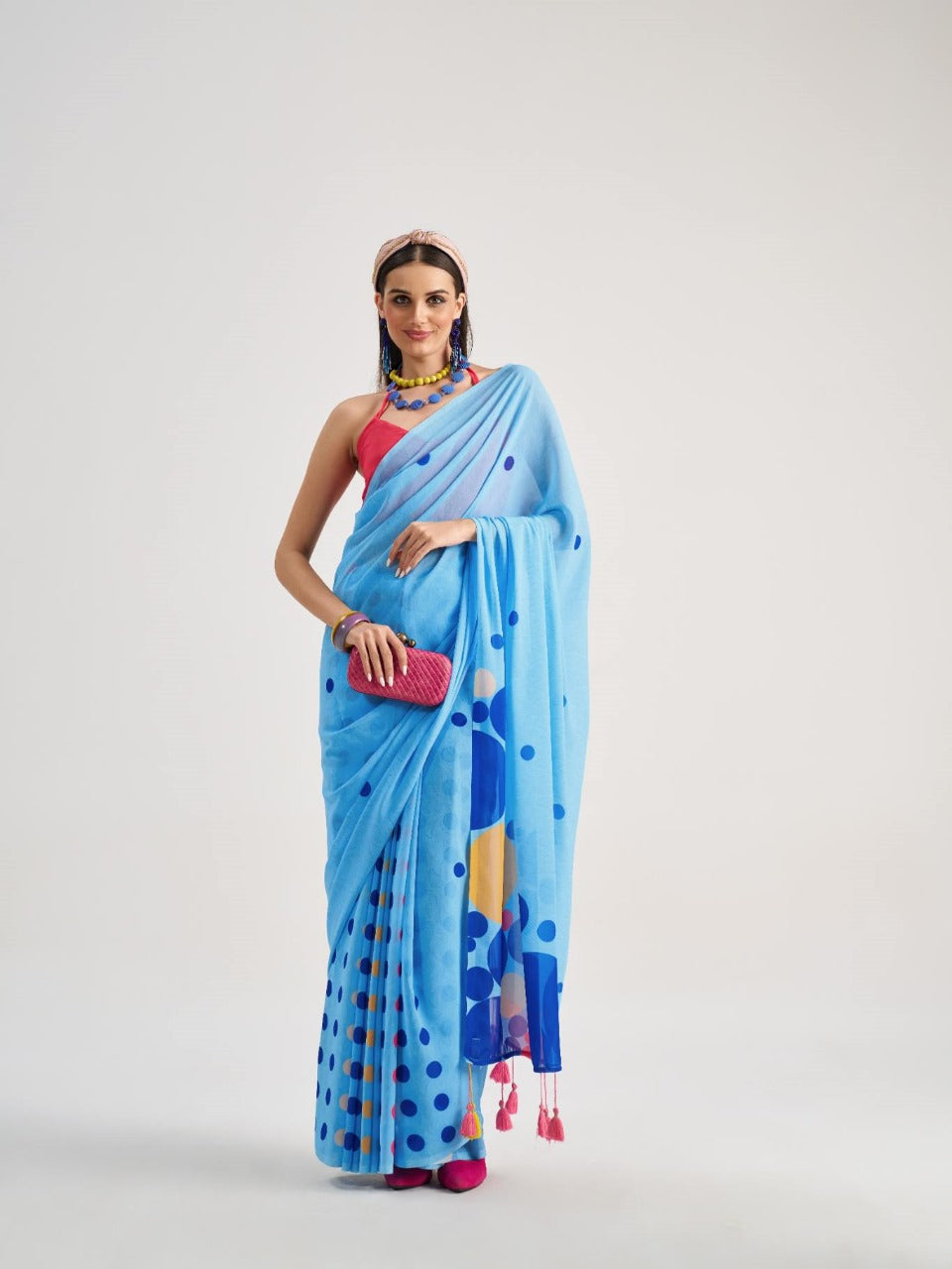 Mono.Poley Polka Pops Archie Georgette Saree - Digital Print with Fancy Latkans Set 9 Pcs Set