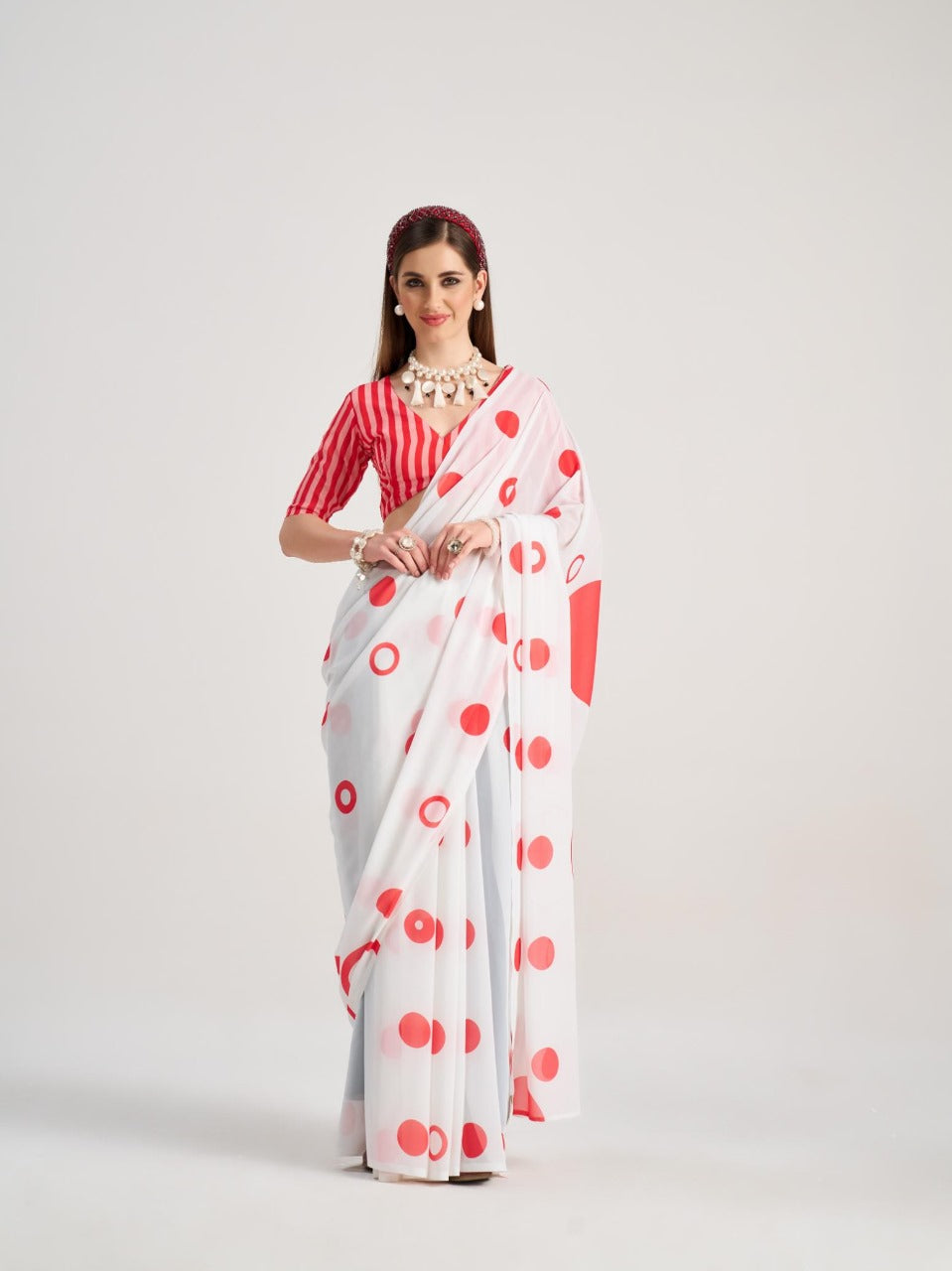 Mono.Poley Polka Pops Archie Georgette Saree - Digital Print with Fancy Latkans Set 9 Pcs Set