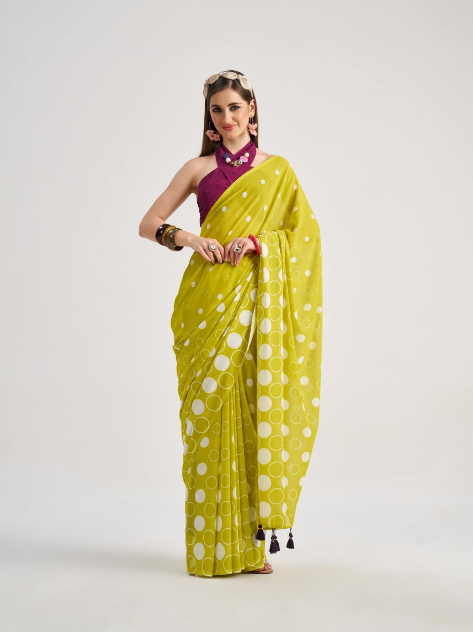 Mono.Poley Polka Pops Archie Georgette Saree - Digital Print with Fancy Latkans Set 9 Pcs Set