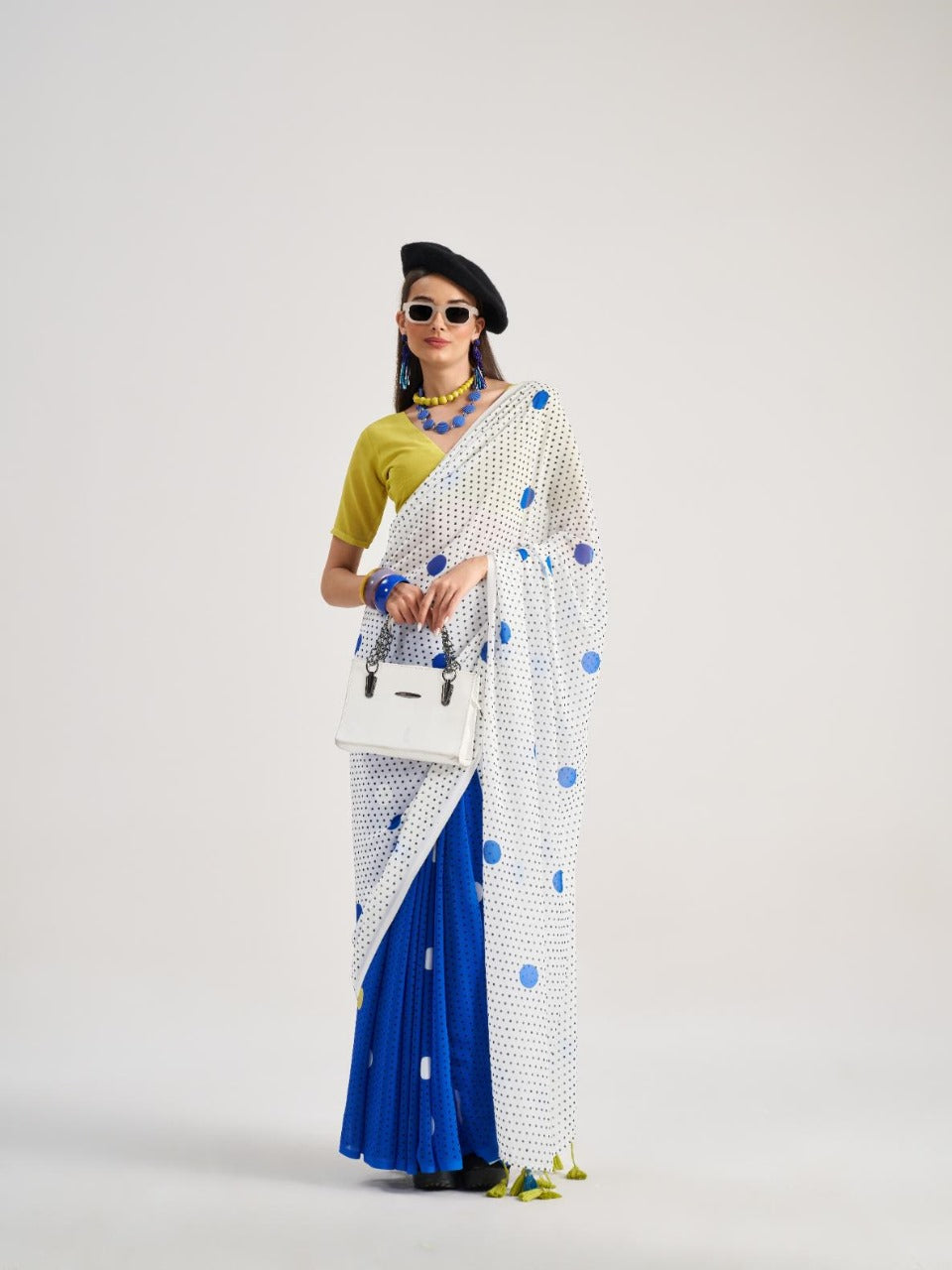 Mono.Poley Polka Pops Archie Georgette Saree - Digital Print with Fancy Latkans Set 9 Pcs Set