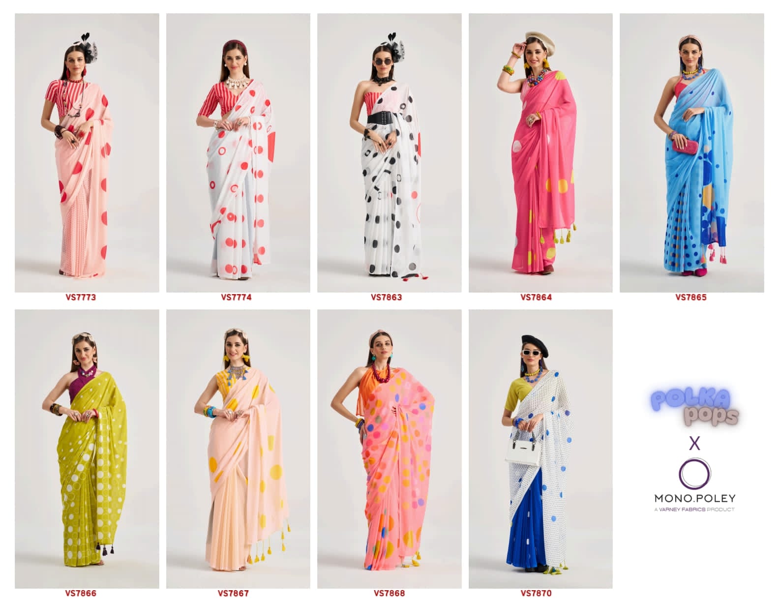 Mono.Poley Polka Pops Archie Georgette Saree - Digital Print with Fancy Latkans Set 9 Pcs Set