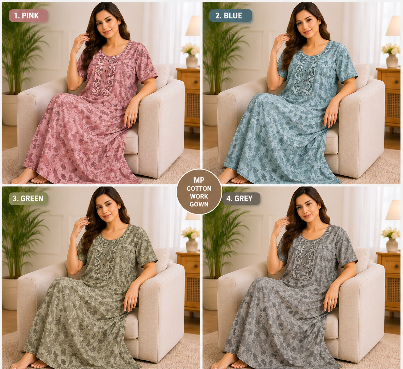 Cotton Work Gown Nighty 4 Pcs Set - Premium Cotton Printed Full Length Night Gown Wholesale