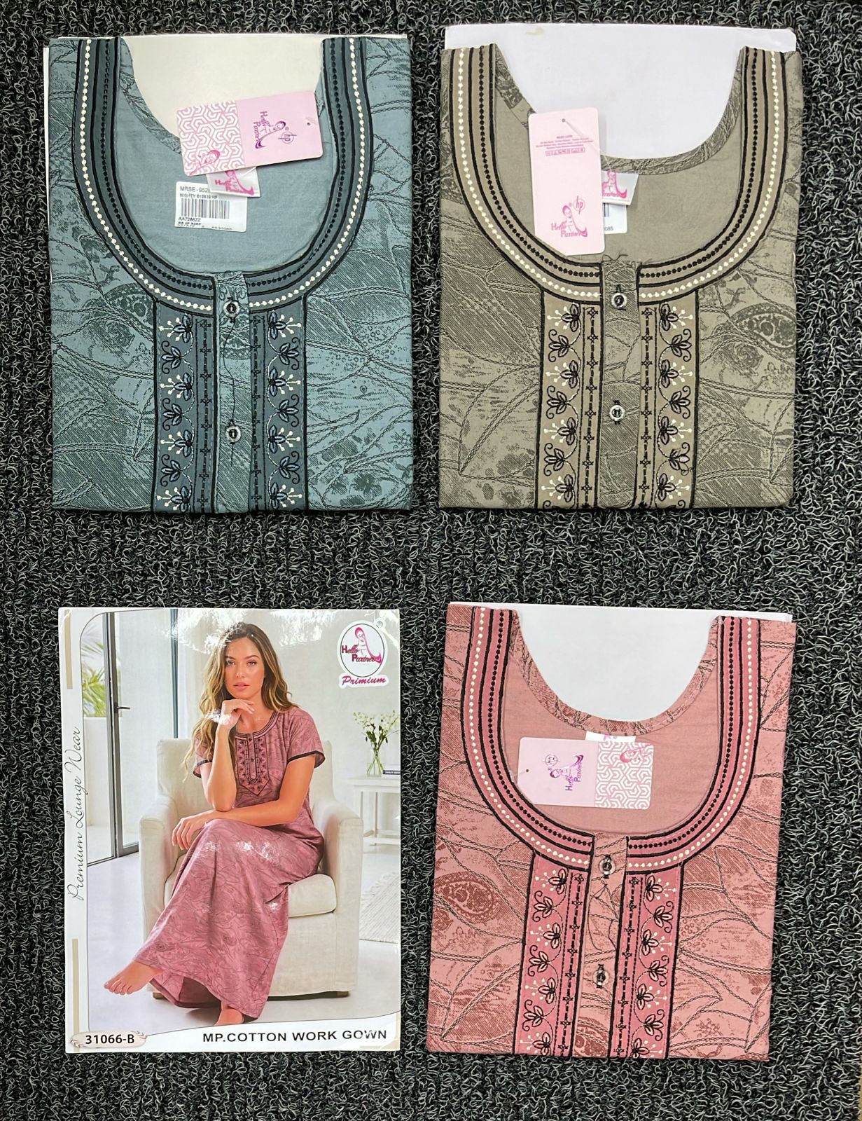 Cotton Work Gown Nighty 4 Pcs Set - Premium Cotton Printed Full Length Night Gown Wholesale