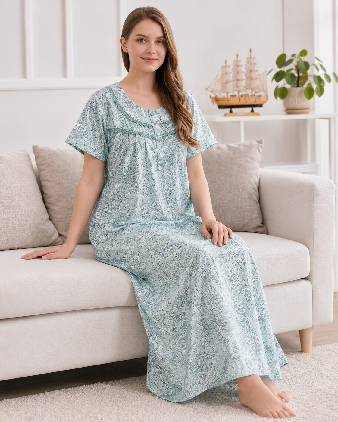 Women's Soft Cotton Printed Nighty - Full Length Sleepwear 4 Pcs Set