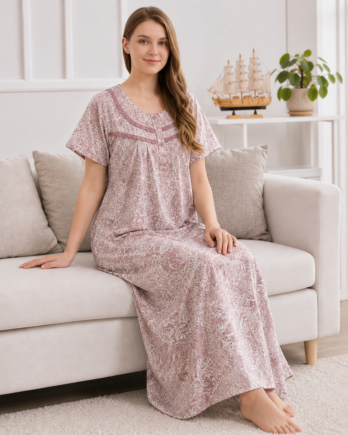 Women's Soft Cotton Printed Nighty - Full Length Sleepwear 4 Pcs Set