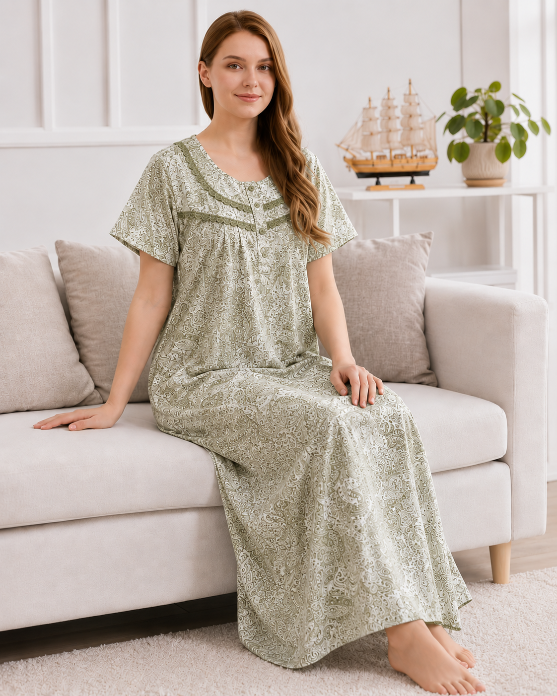 Women's Soft Cotton Printed Nighty - Full Length Sleepwear 4 Pcs Set