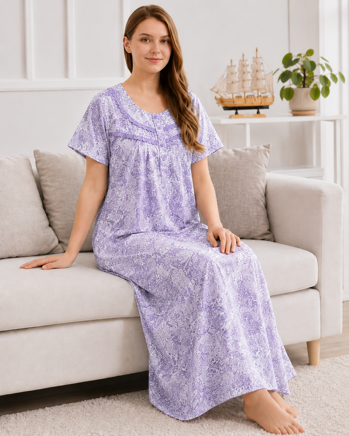 Women's Soft Cotton Printed Nighty - Full Length Sleepwear 4 Pcs Set