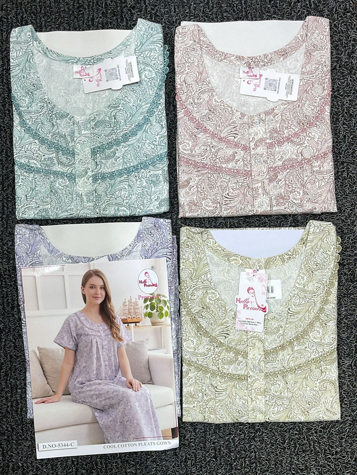 Women's Soft Cotton Printed Nighty - Full Length Sleepwear 4 Pcs Set