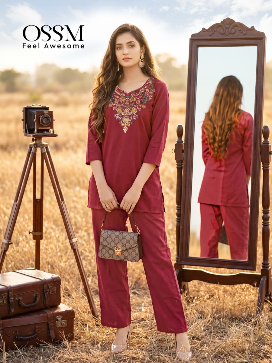 OSSM Sara Vol 02 Cotton Cord Set for Women - Embroidered Kurti Pant Set