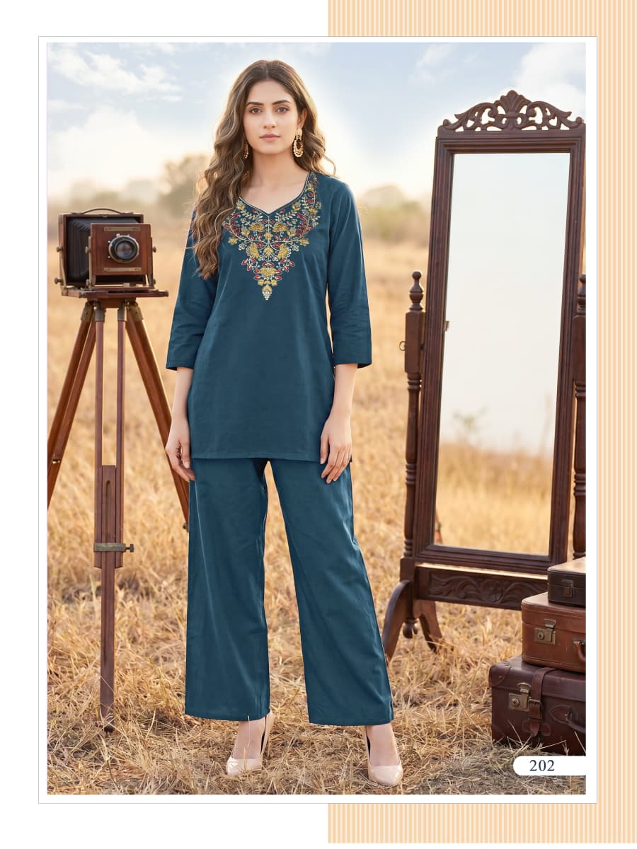 OSSM Sara Vol 02 Cotton Cord Set for Women - Embroidered Kurti Pant Set