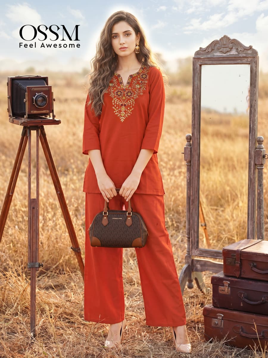 OSSM Sara Vol 02 Cotton Cord Set for Women - Embroidered Kurti Pant Set