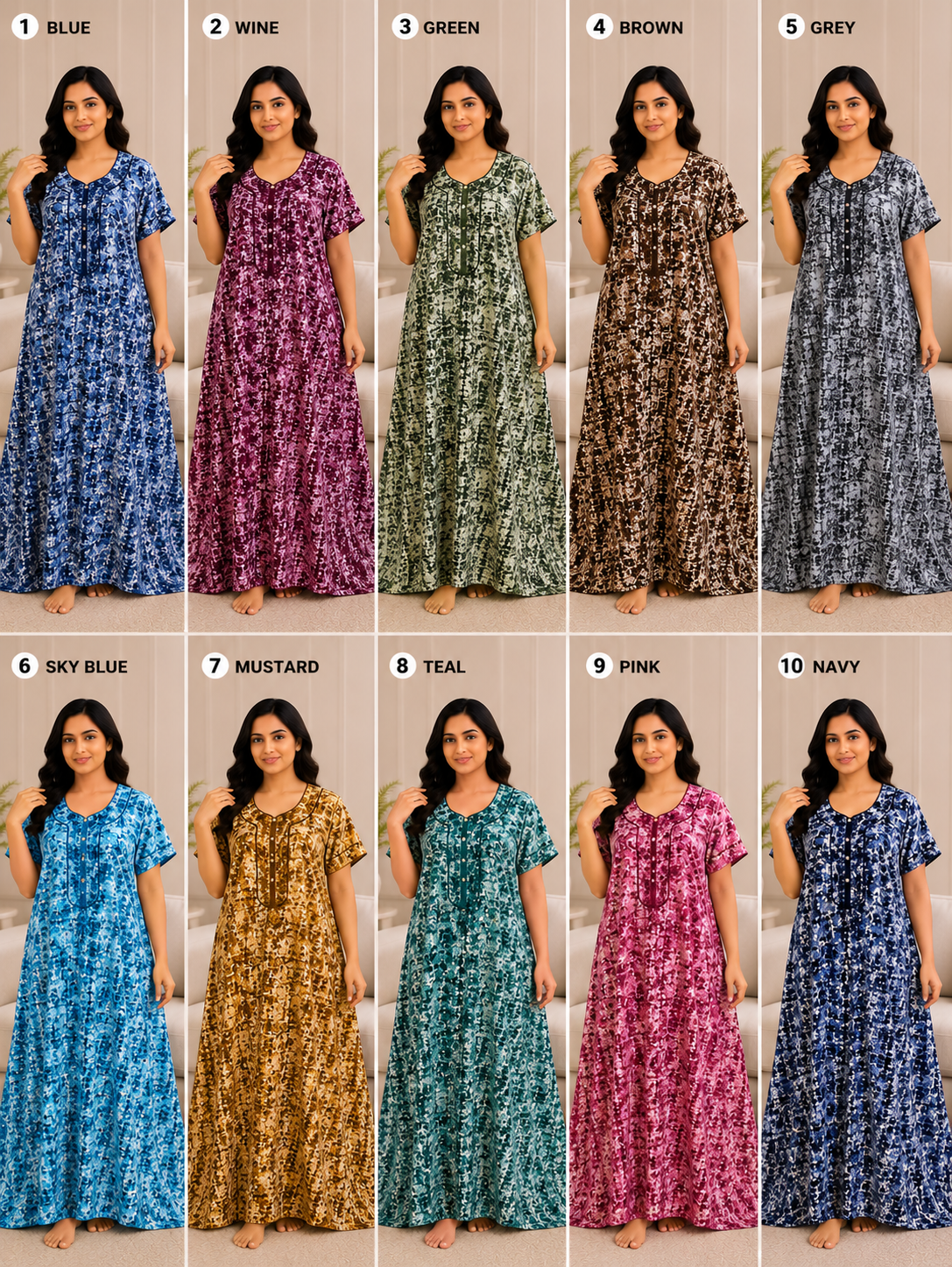 Premium Cotton Printed Nighty 10 Pcs Set - Full Length Ladies Night Gown Wholesale