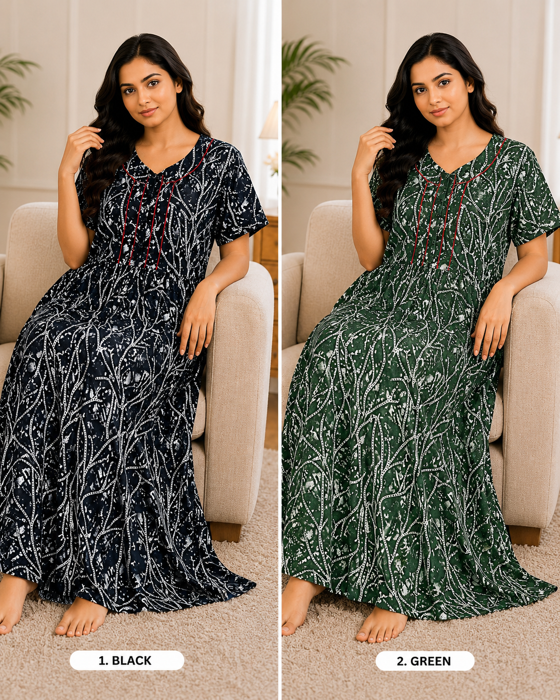 Premium Cotton Printed Nighty 5 Pcs Set - Full Length Ladies Night Gown Wholesale