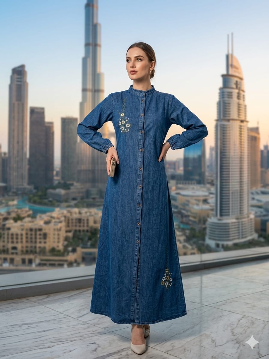 Premium Denim Embroidered Midi Gown - Front Button Stylish Kurti Dress - M.R. Saree Emporium