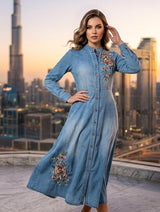Premium Denim Embroidered Midi Gown - Front Button Stylish Kurti Dress - M.R. Saree Emporium
