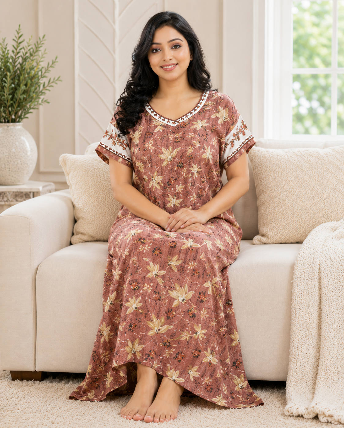 Premium Floral Cotton Nighty - 3 Pcs Set