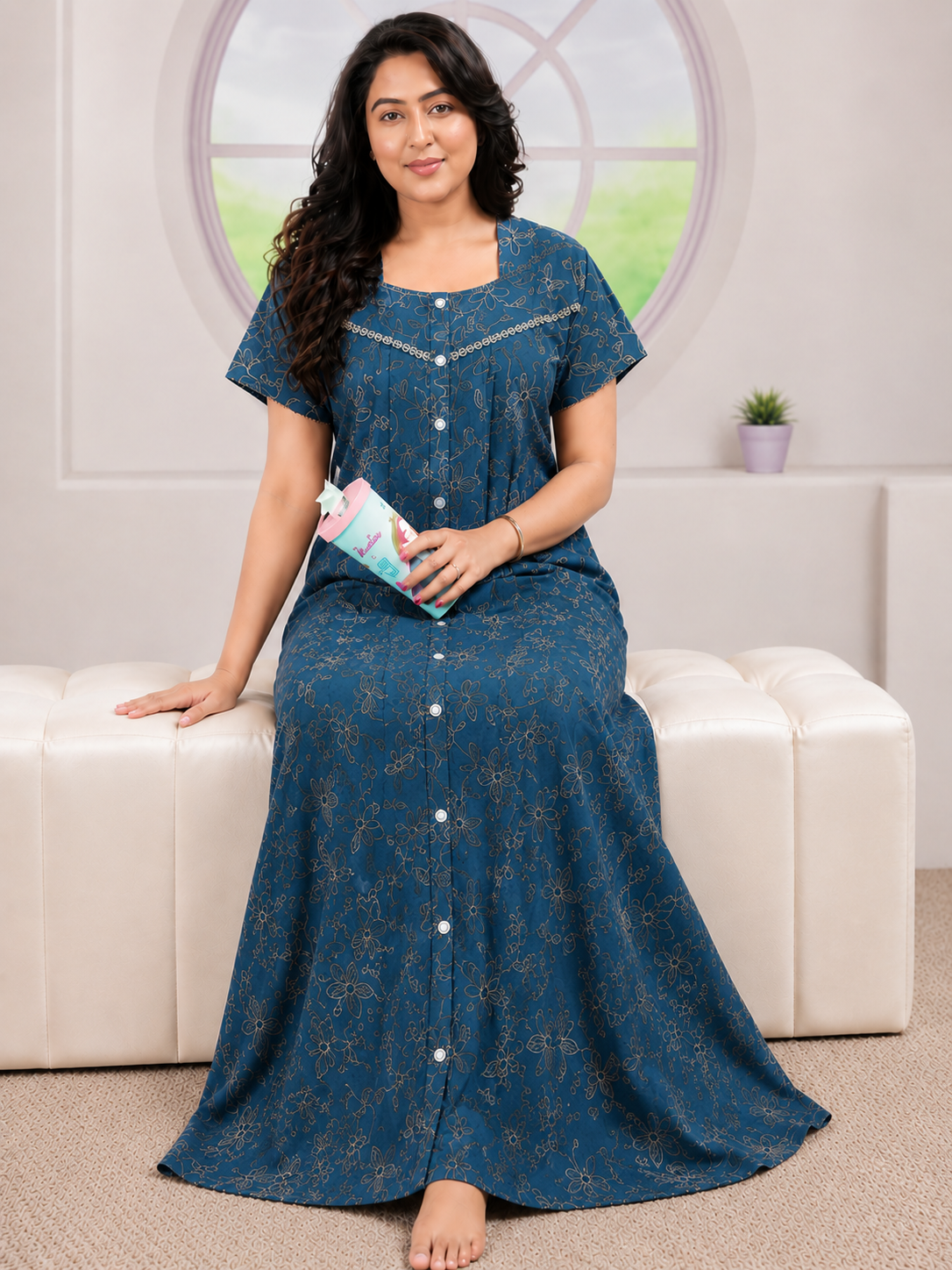 Premium Front Open Printed Cotton Nighty - 3 Pcs Set