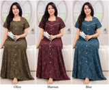 Premium Front Open Printed Cotton Nighty - 3 Pcs Set
