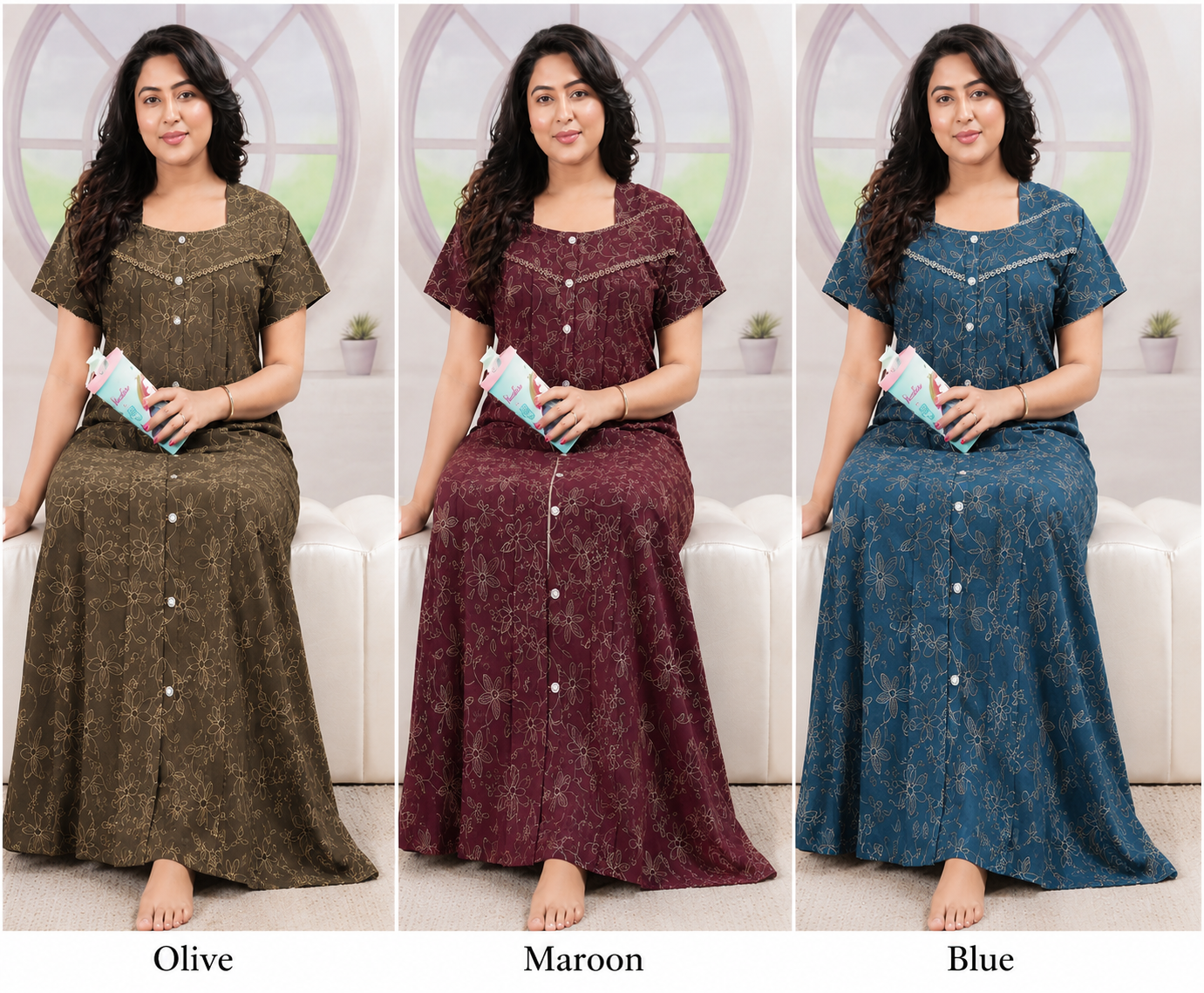 Premium Front Open Printed Cotton Nighty - 3 Pcs Set
