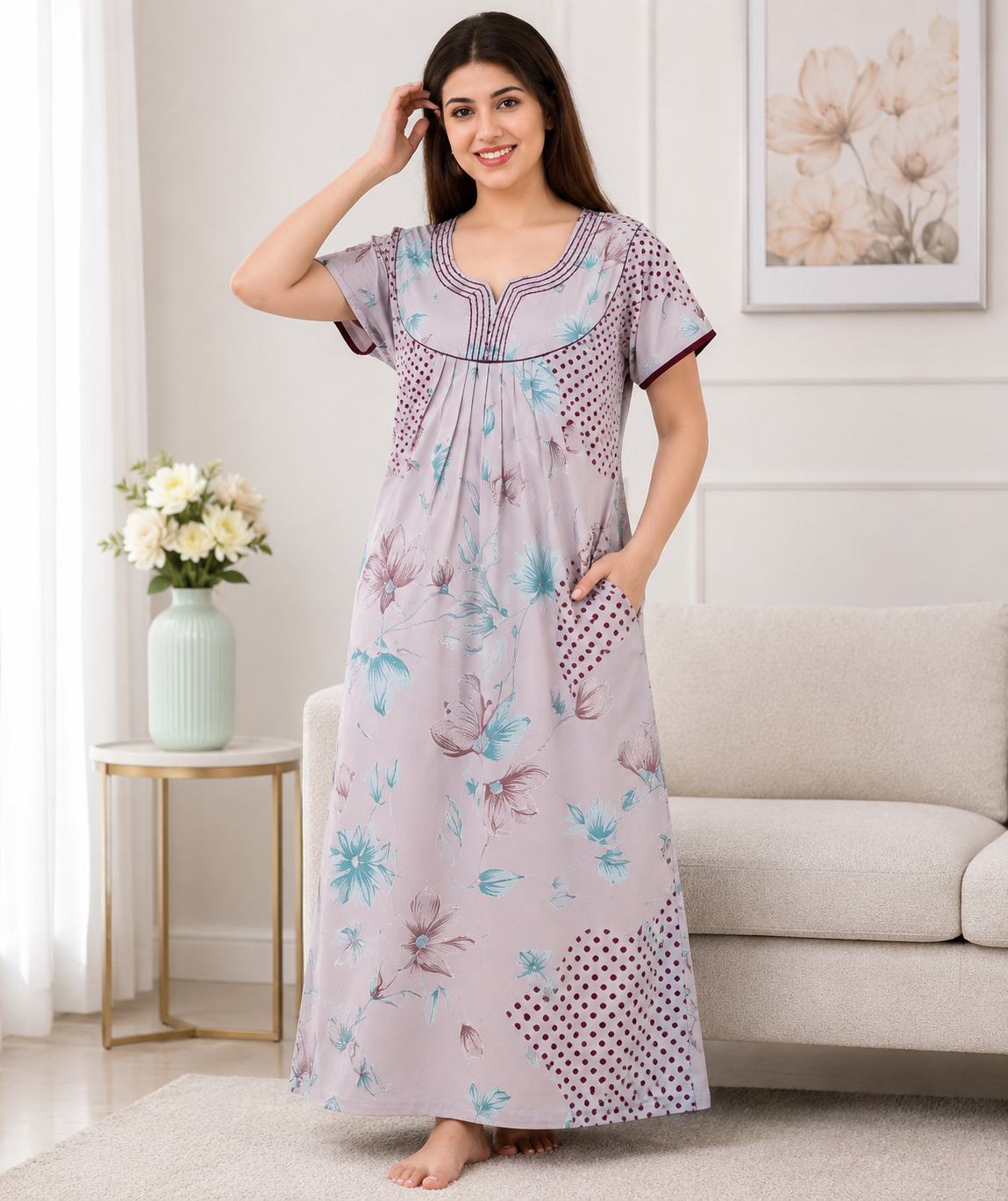 Premium Rayon Printed Nighty – 2 Pcs Set