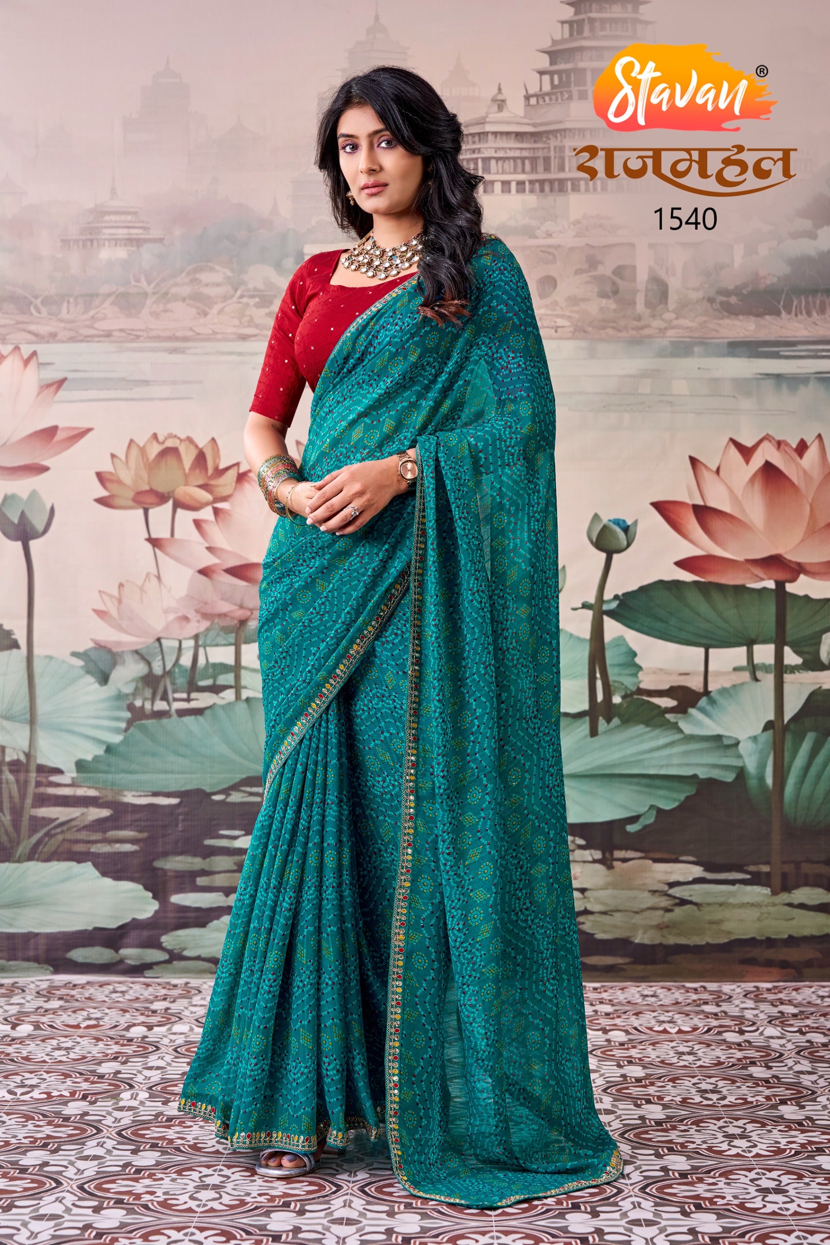 Rajmahal Premium Georgette Leheriya & Bandhani Saree with Embroidery Border