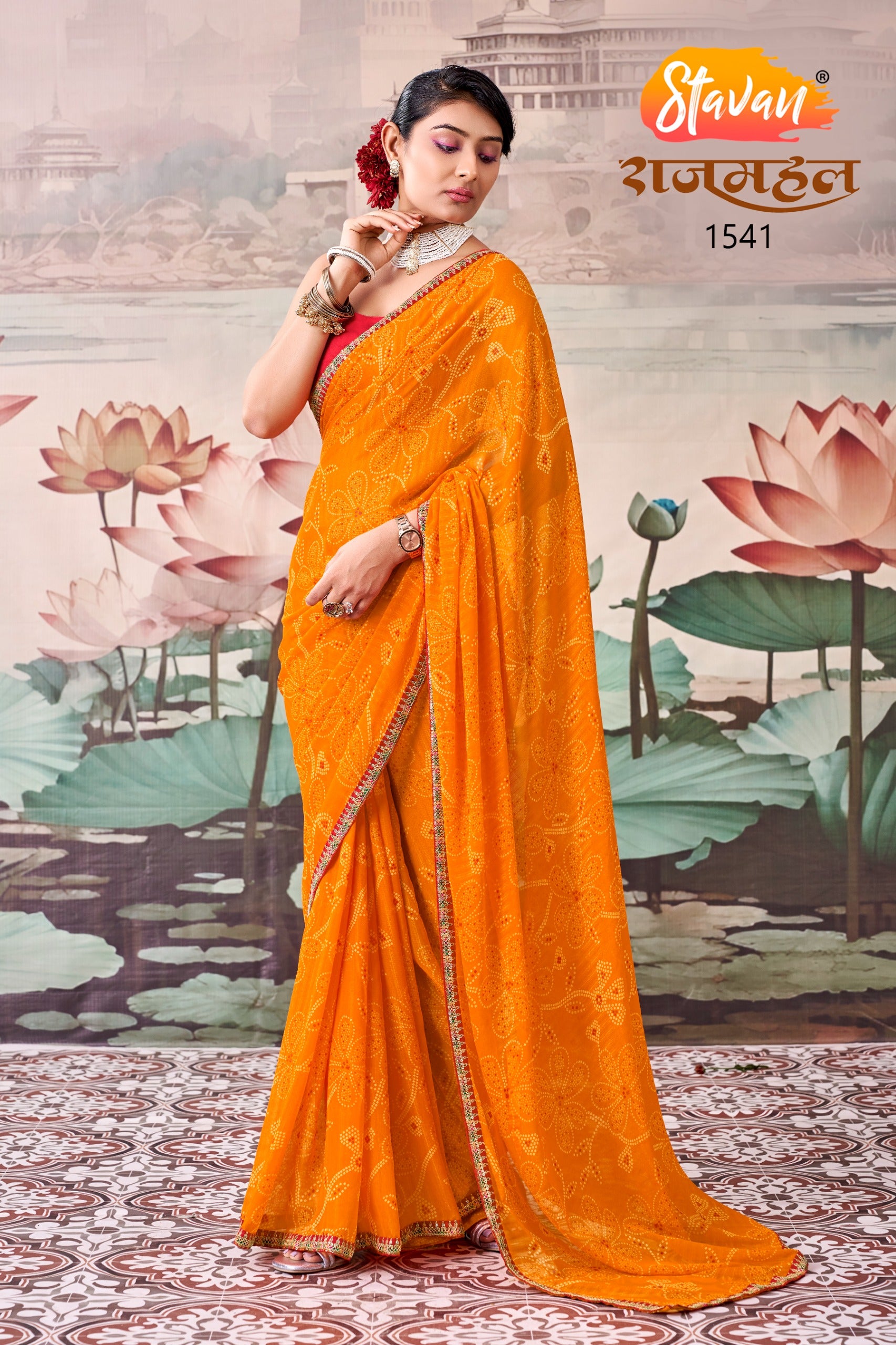 Rajmahal Premium Georgette Leheriya & Bandhani Saree with Embroidery Border