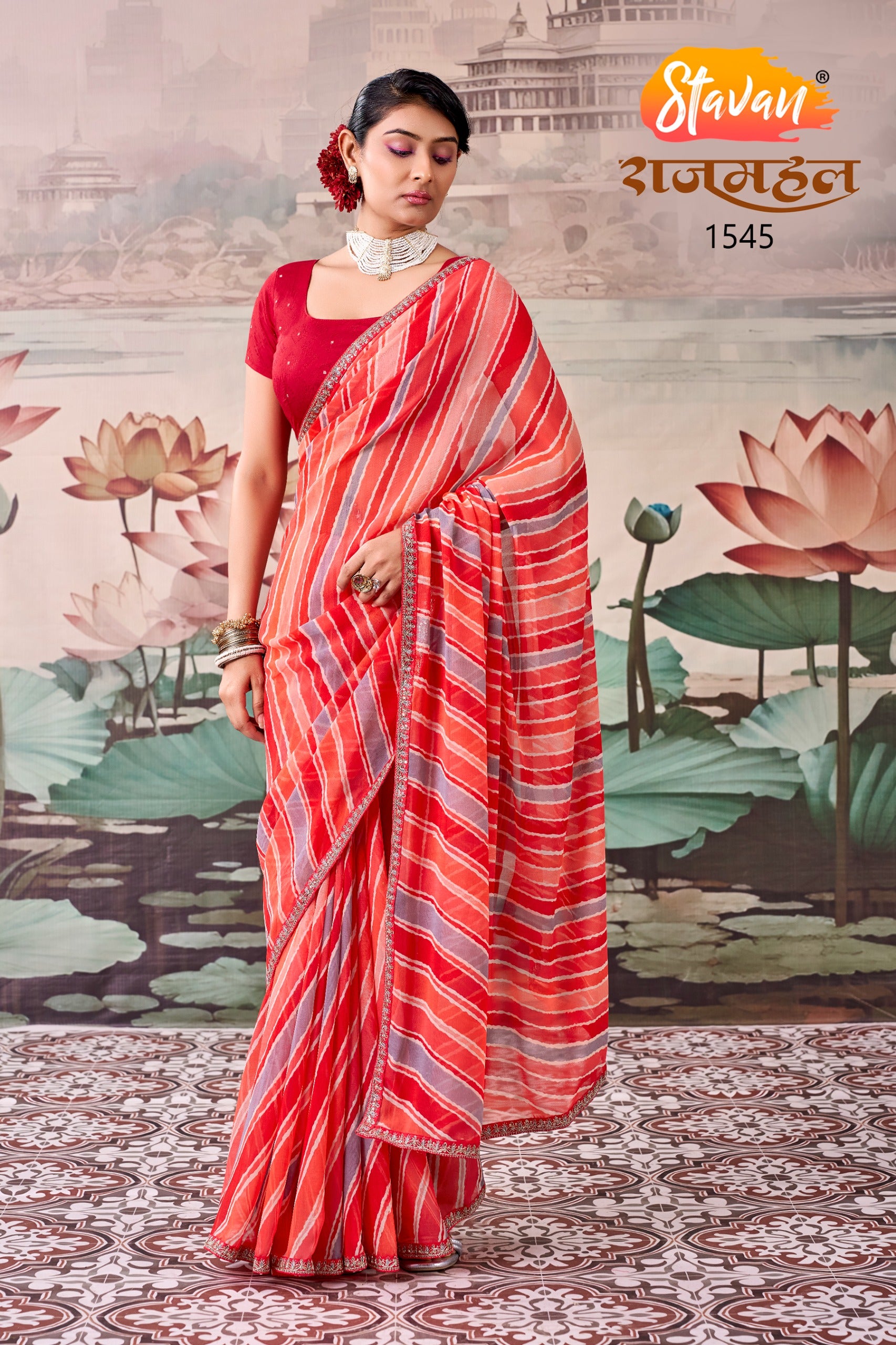 Rajmahal Premium Georgette Leheriya & Bandhani Saree with Embroidery Border