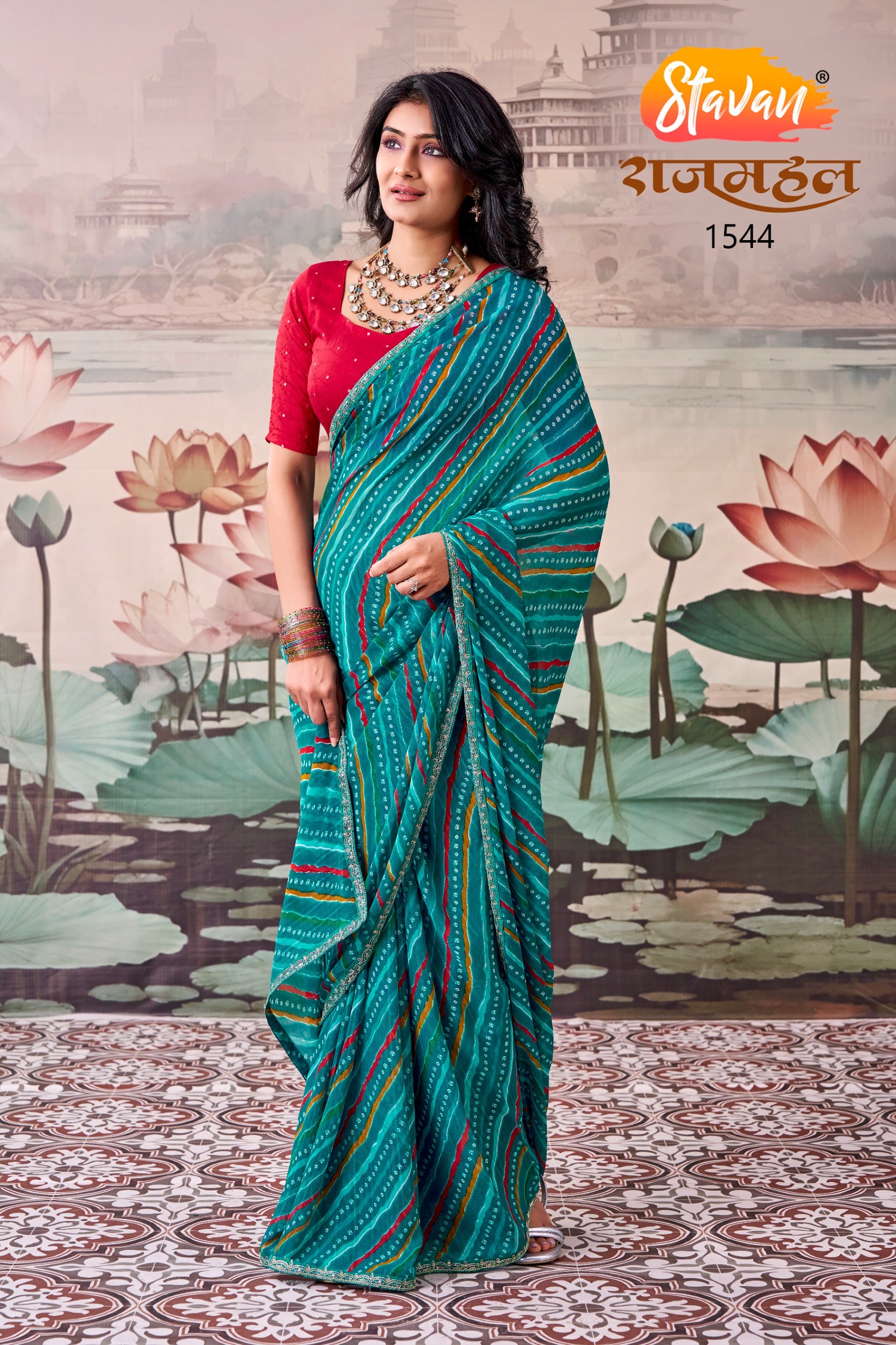 Rajmahal Premium Georgette Leheriya & Bandhani Saree with Embroidery Border