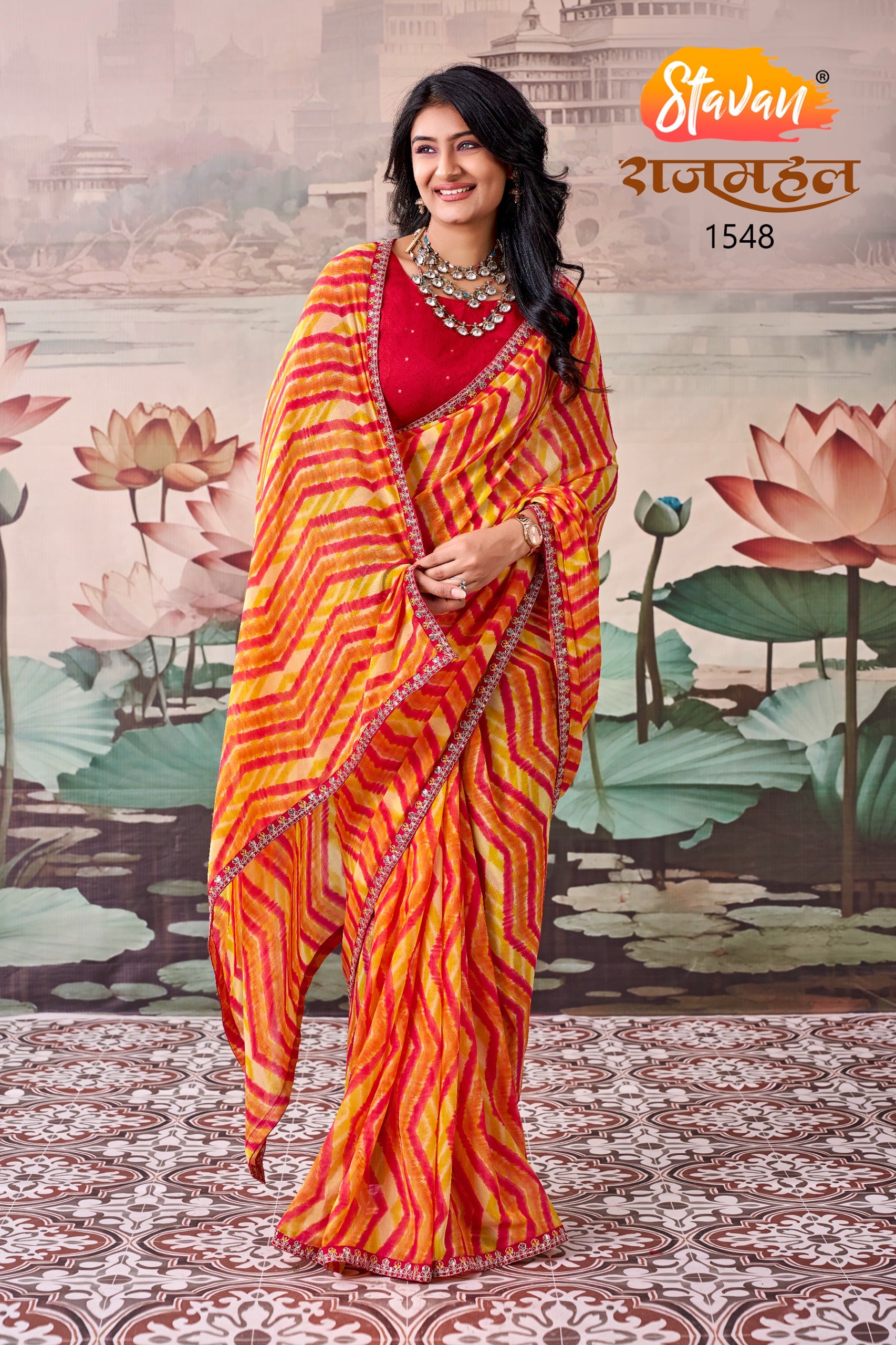 Rajmahal Premium Georgette Leheriya & Bandhani Saree with Embroidery Border