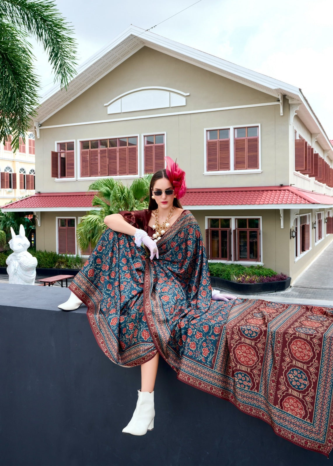 RajPath Ajrakh Satin Silk Saree 7 Pcs Set