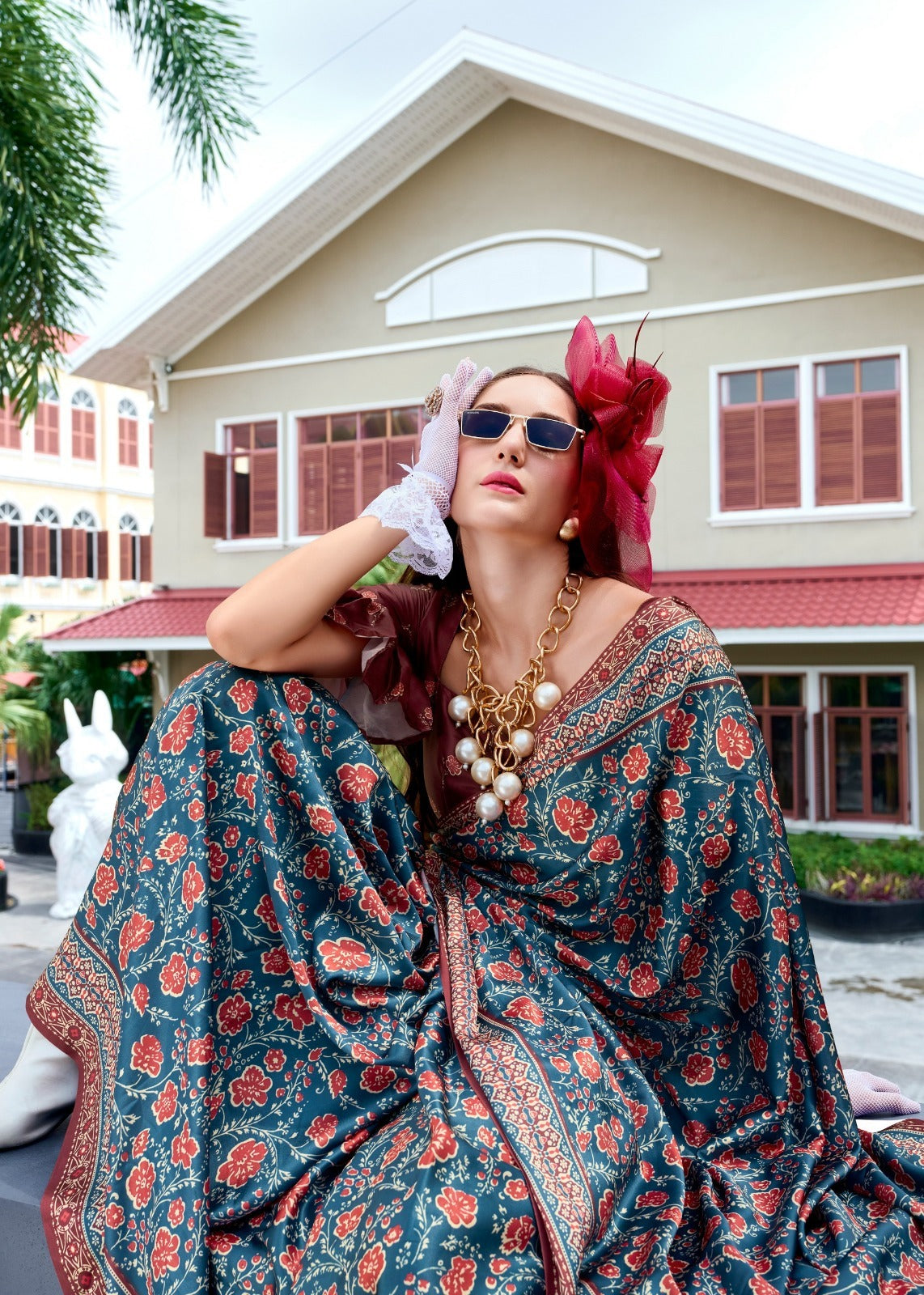 RajPath Ajrakh Satin Silk Saree 7 Pcs Set