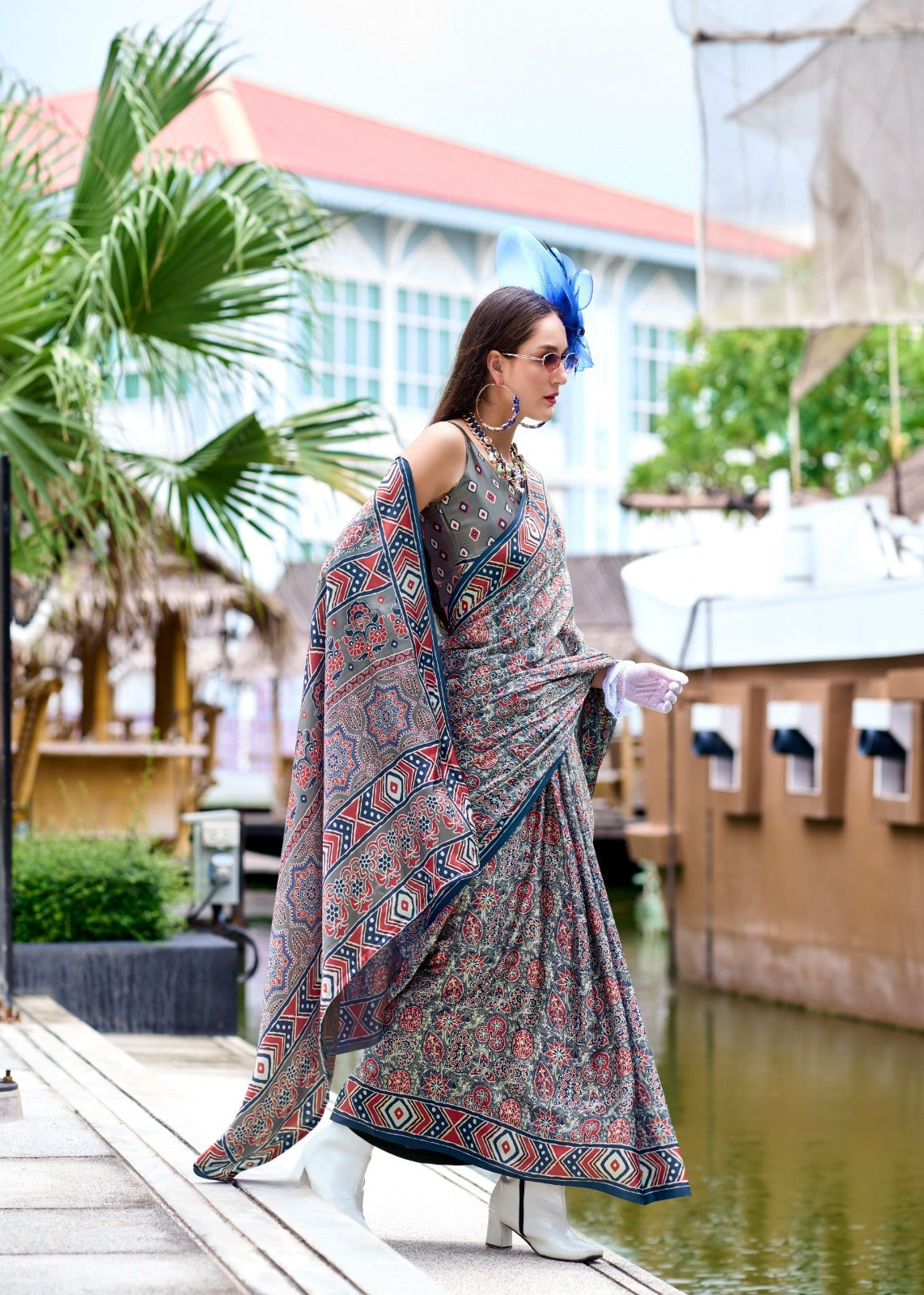 RajPath Ajrakh Satin Silk Saree 7 Pcs Set
