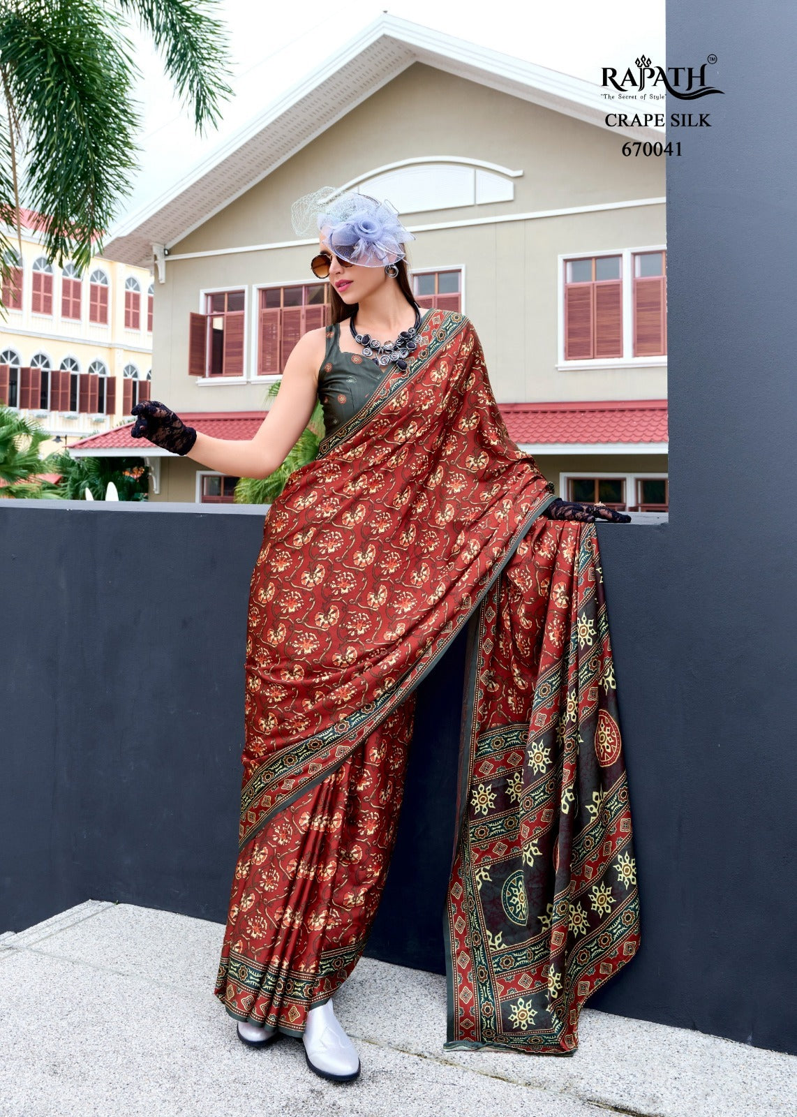 RajPath Ajrakh Satin Silk Saree 7 Pcs Set
