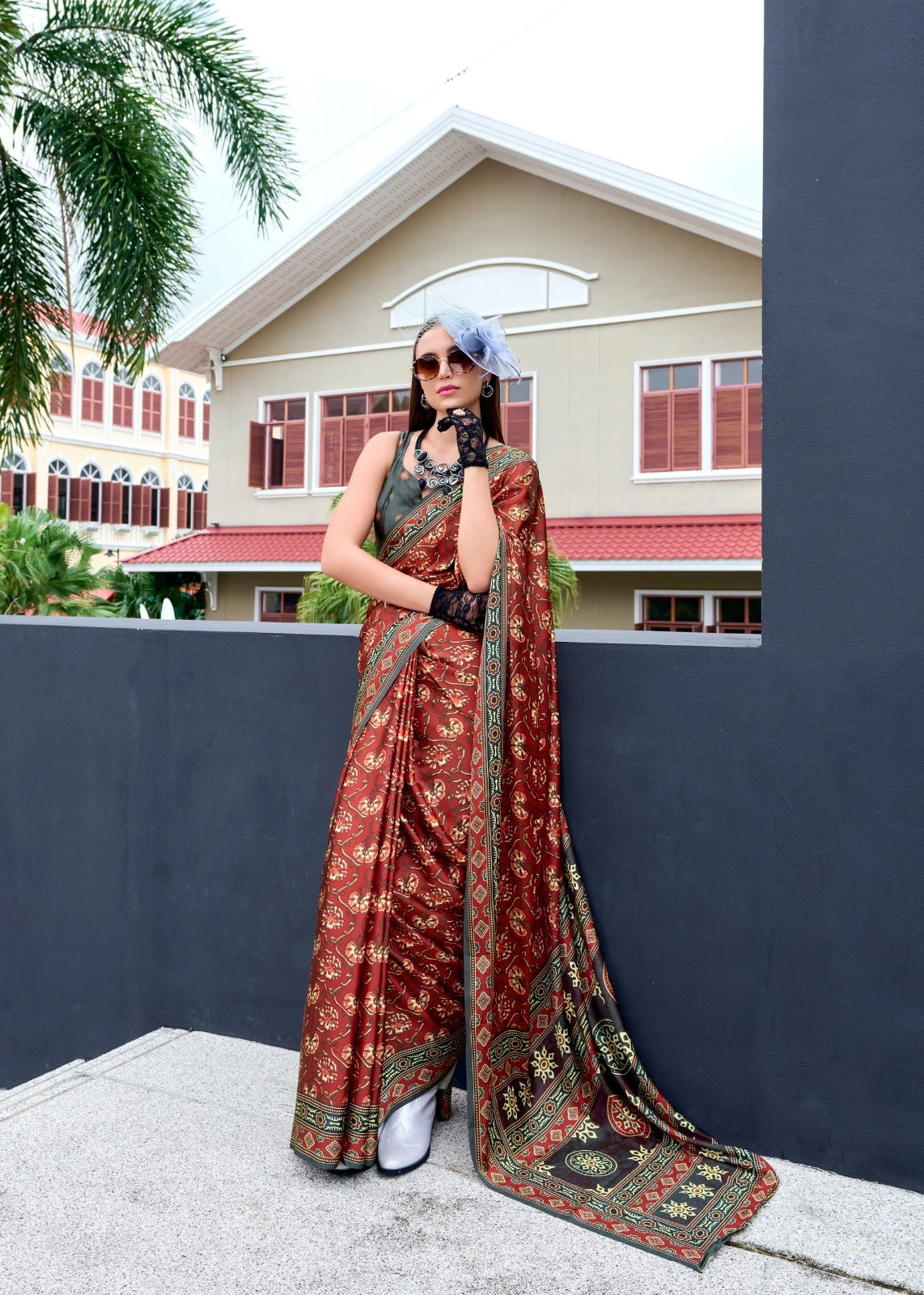 RajPath Ajrakh Satin Silk Saree 7 Pcs Set