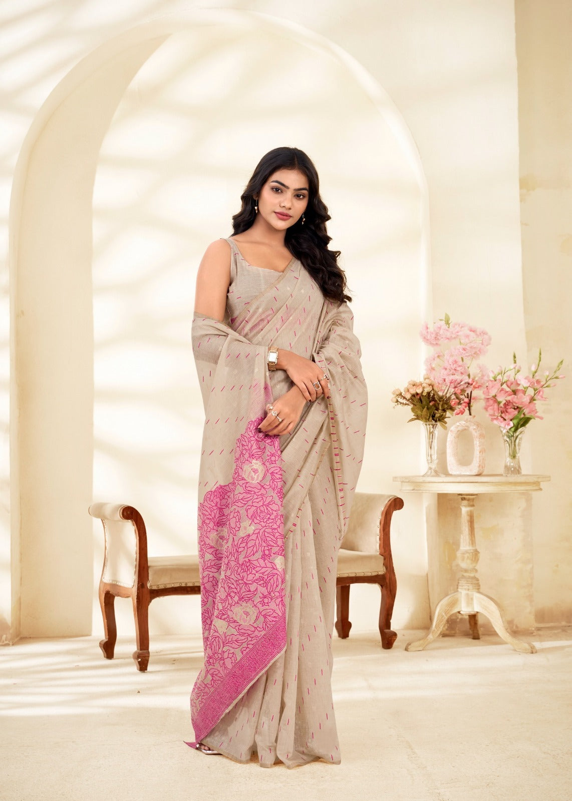 RajPath Fabrics Cream Silk Modal Cotton Saree - 6 Pcs Wholesale Set
