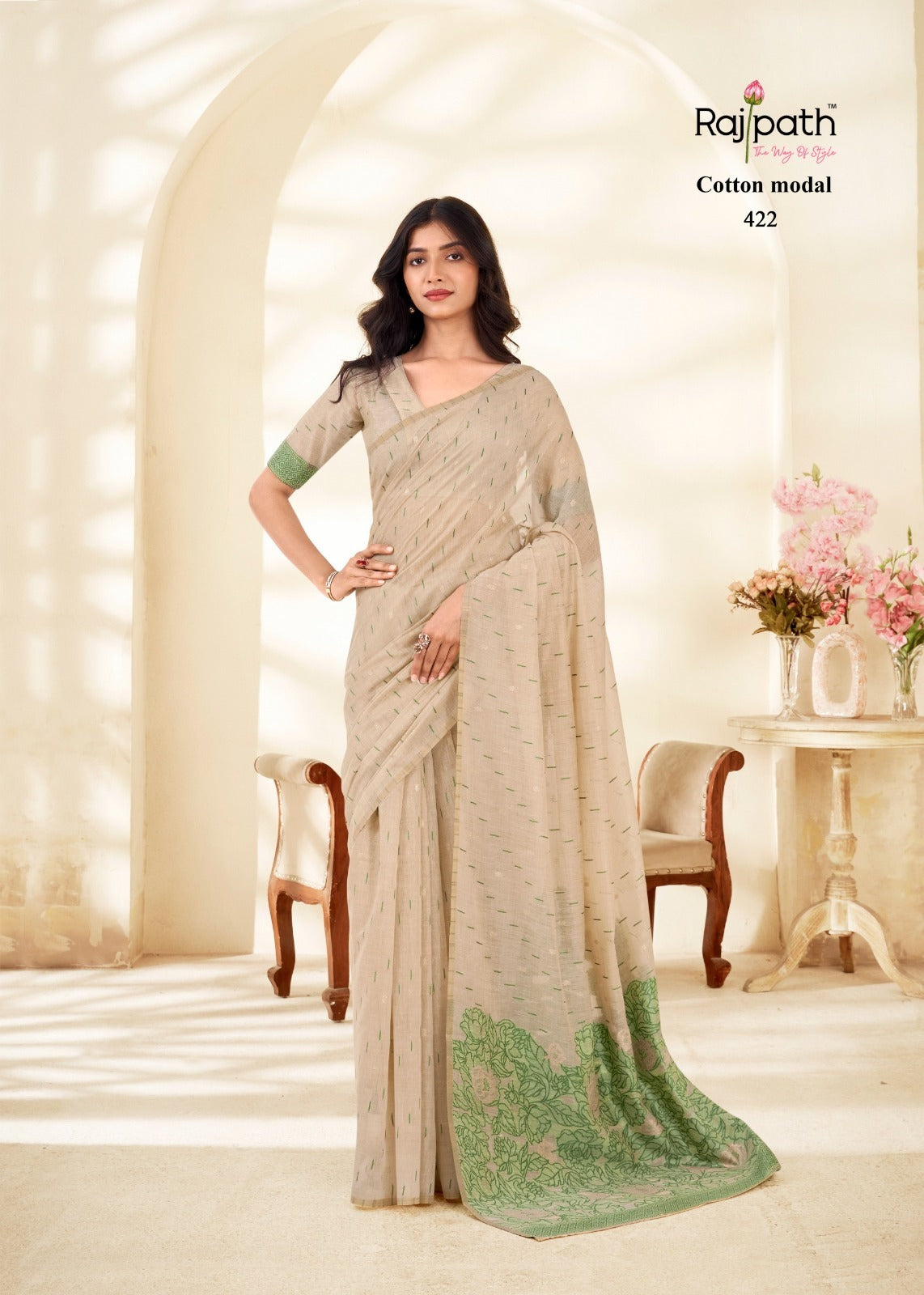 RajPath Fabrics Cream Silk Modal Cotton Saree - 6 Pcs Wholesale Set
