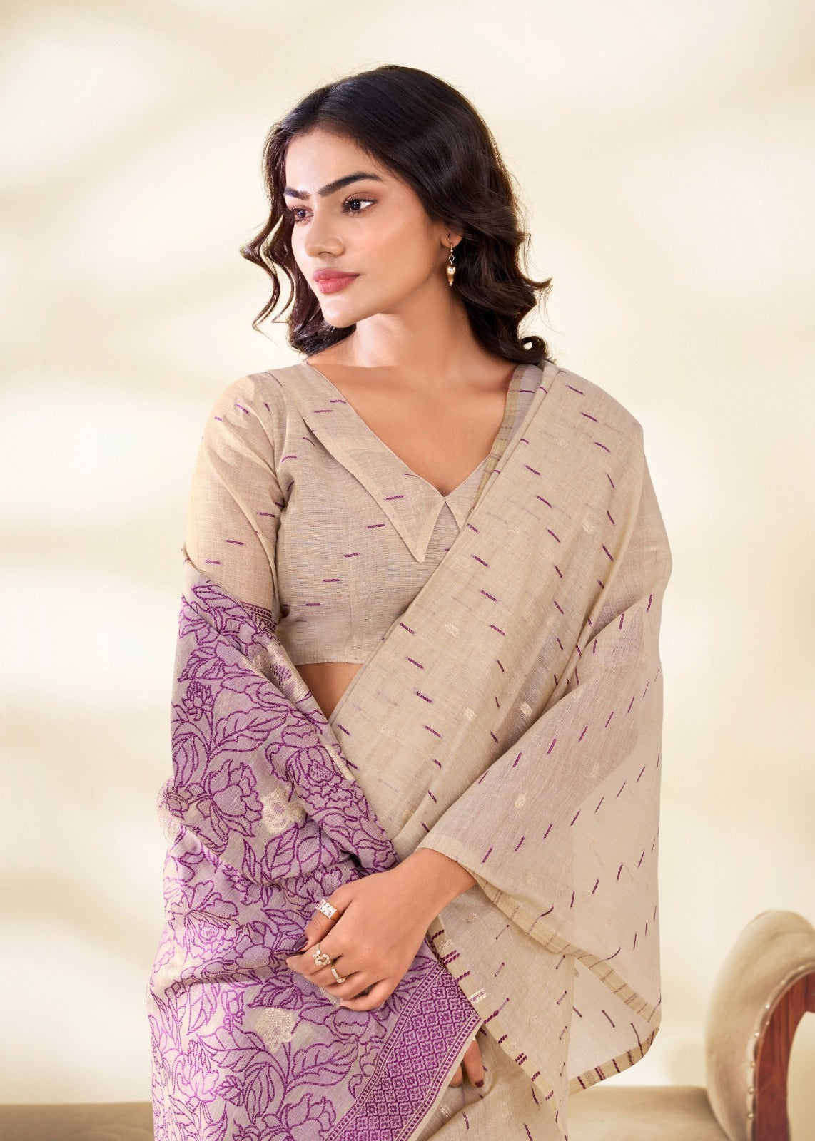 RajPath Fabrics Cream Silk Modal Cotton Saree - 6 Pcs Wholesale Set